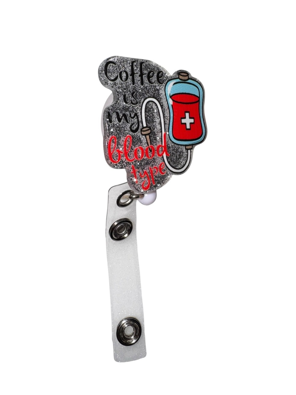 Coffee Is My Blood Type Glitter Badge Reel - Red & Silver